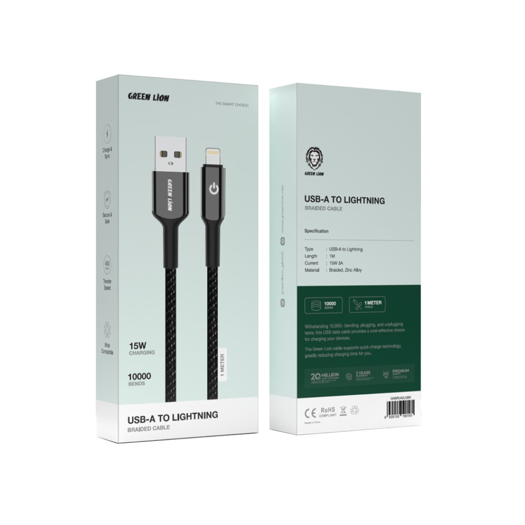 GREEN LION USB-A TO LIGHTNING T CABLE 1M 3A BLACK